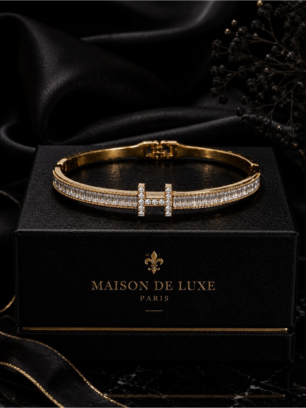 Gold Crystal H Accent Hinged Bangle Bracelet